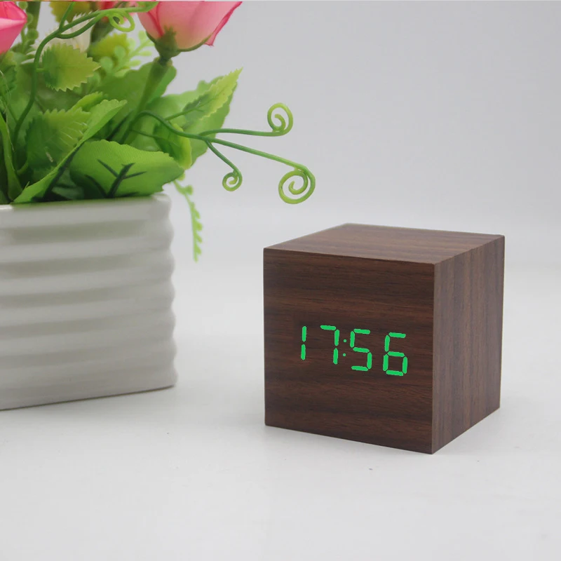 D2 Alarm Clock Digital LED Wooden Watch Table Voice Control Wood Despertador Snooze Time Temperature Display Desktop Clocks Gift