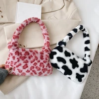 2022 women cow print mini shoulder bags female winter plush underarm bags leopard zebra pattern fluffy tote bags small purses