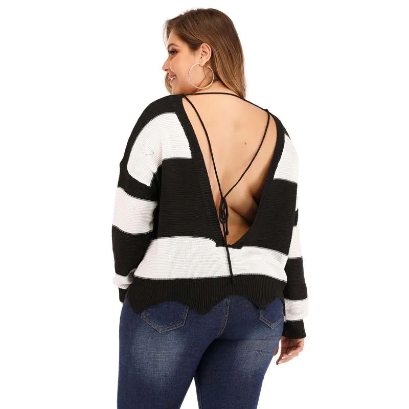 

Autumn Winter Oversized Sweater Women Oversize Jumper Striped Sweater Pullover Women Long Sleeve Backless Sweaters For Women