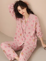 new 2pcs women pajamas 100 cotton nighty pink with cartoon bear dot print elastic design long sleeve nightgown purple home suit