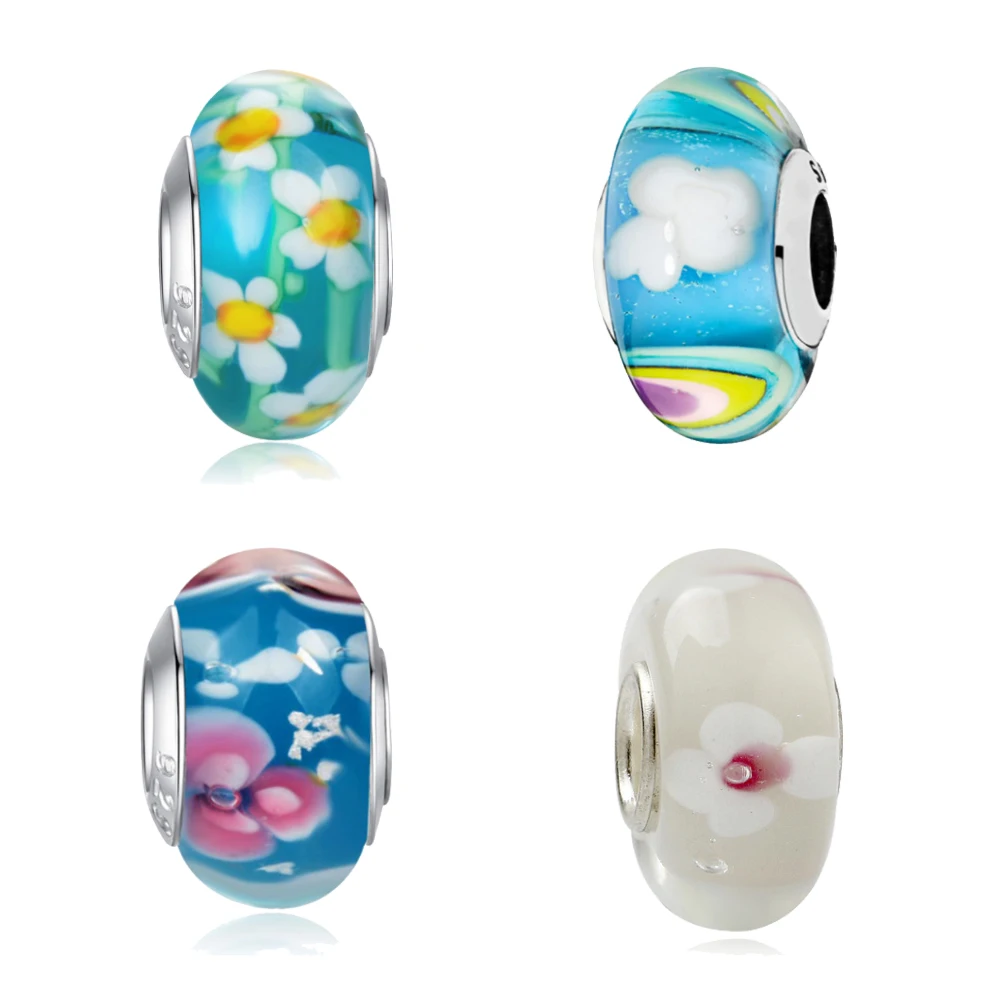 Стеклянные бусы Daisy Peach Rainbow Cherry Blossom амулеты подходящие для брендовых браслетов