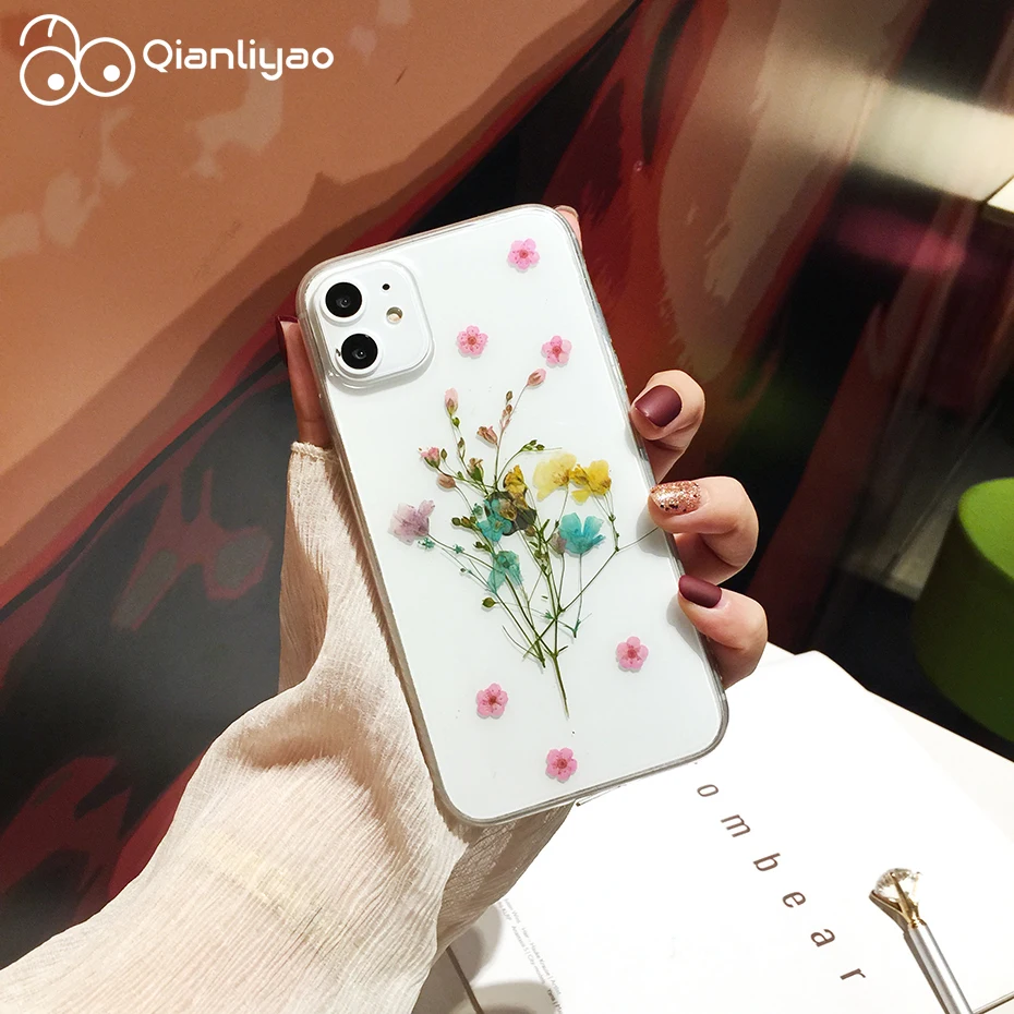 

Qianliyao Dried Real Flower Cases For iPhone X XS Max XR Handmade Soft Cover For iPhone 7 8 Plus 12 11 Pro Max SE Phone Case