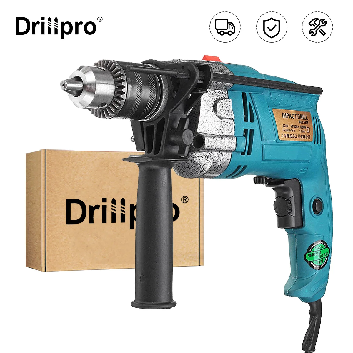 

220V 1980W Electric Brushless Handheld Impact Flat Drill Guns Hand Drill Torque Driver Tool Set with Wrench Measuring Scale