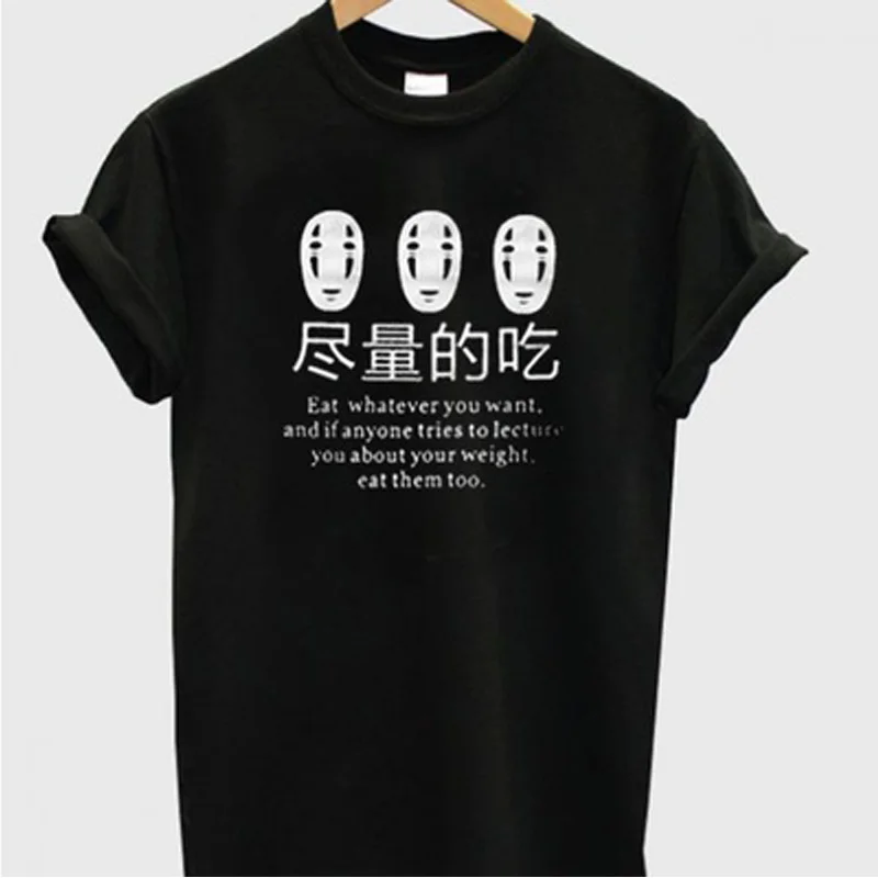 

Casual Black Tops Japanese Anime Eat Whatever You Want Funny Sayings Tees T-Shirt Women Harajuku Fashion Cute