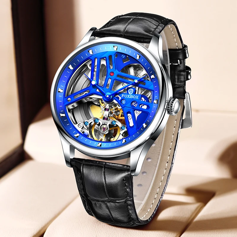2021 FOXBOX New Sapphire Automatic Mechanical Men Watches Luxury Hollow 100M Waterproof Sport Wristwatch for Men Fashion Clock