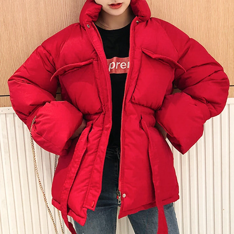 Женская зимняя куртка пуховик 2019 модная однотонная на молнии с воротником