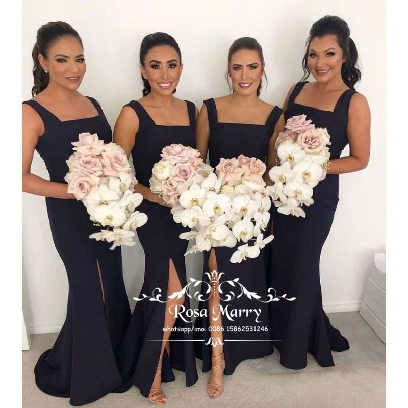

Sexy Black Mermaid Cheap Bridesmaids Dresses Plus Size Long Satin Wedding Guest Prom Party Wears African Maid of Honors for Girl