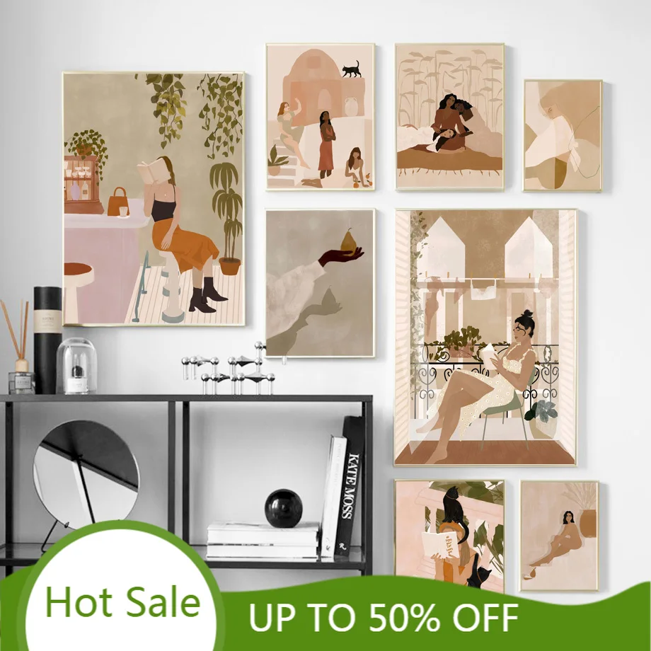 

WTQ черная кошка девушка иллюстрация для чтения Настенная картина на холсте Современные скандинавские плакаты принты декор комнаты картина ...