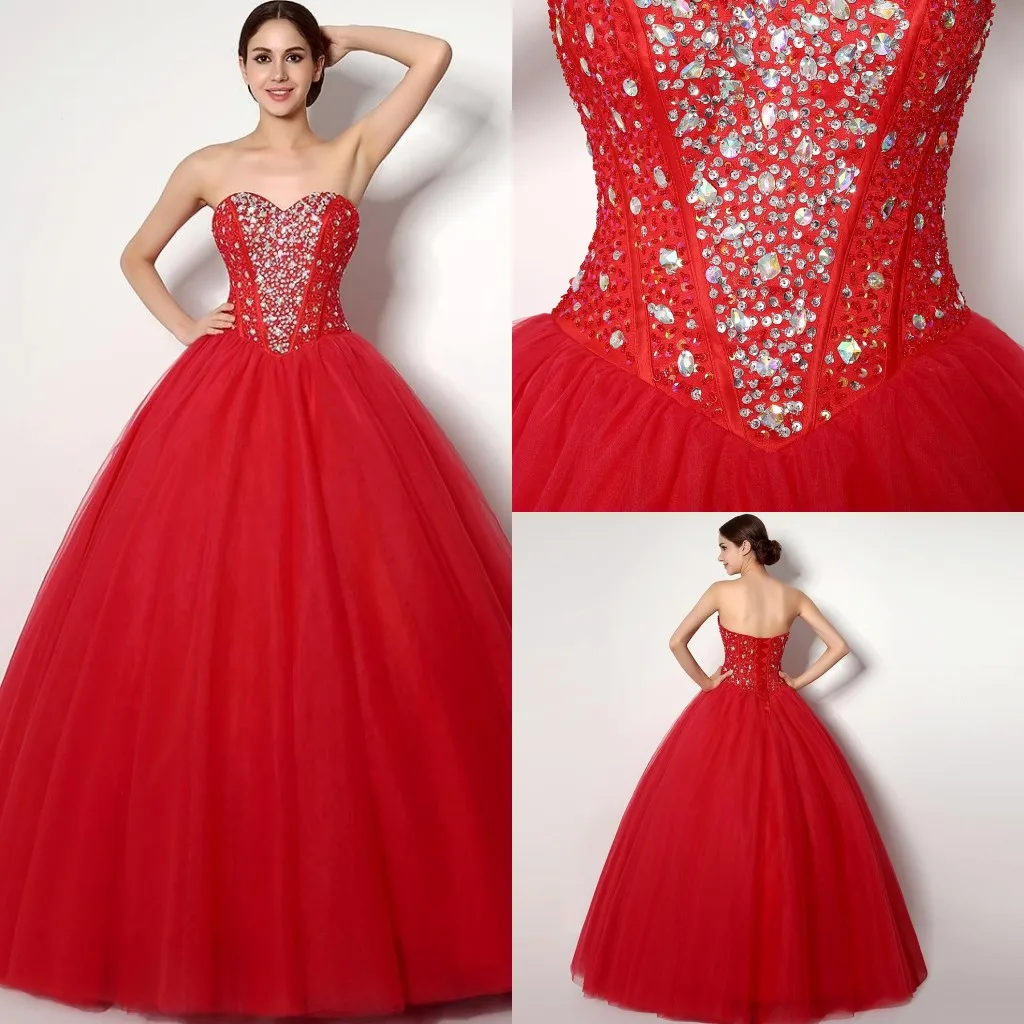 

Red Quinceanera Dresses 2021 Crystals Sweetheart Ball Gowns Sweet 16 Tulle High Quanlity Vestidos 15 Prom Party Gowns