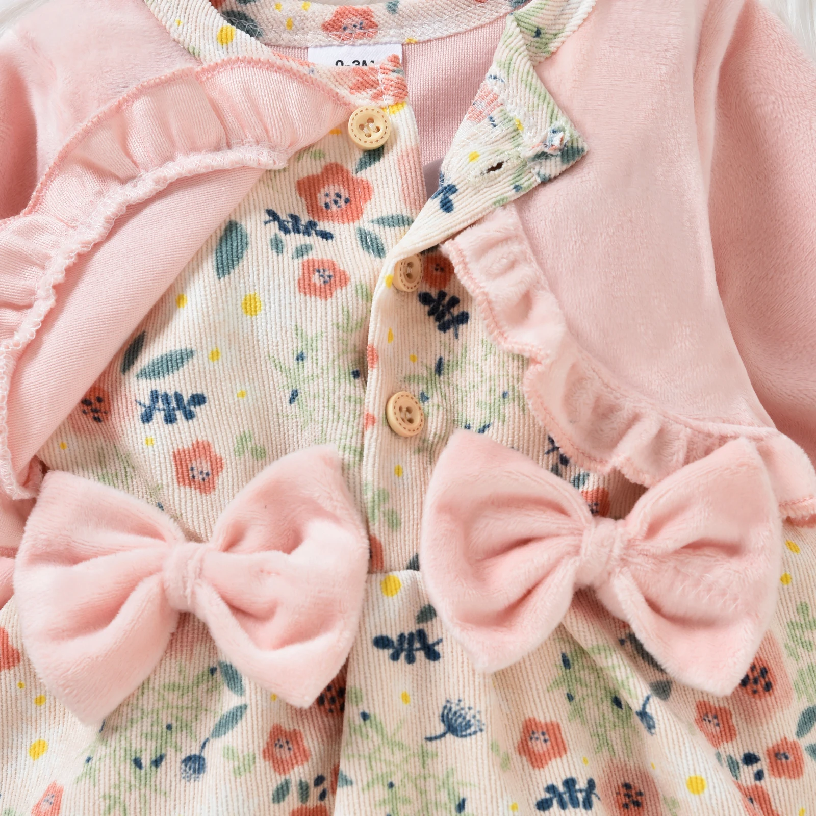 Newborn Girl Casual Romper Outfits Long Sleeve Floral Printed Patchwork Dress Style Playsuit + Bow-Knot Decor Headband Set | Детская