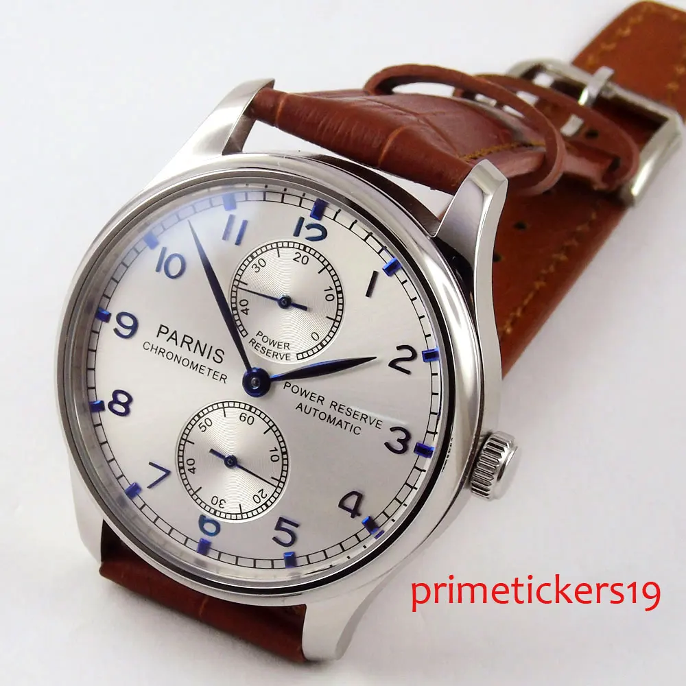 Мужские часы PARNIS с серебристым белым циферблатом и коричневым кожаным ремешком 43
