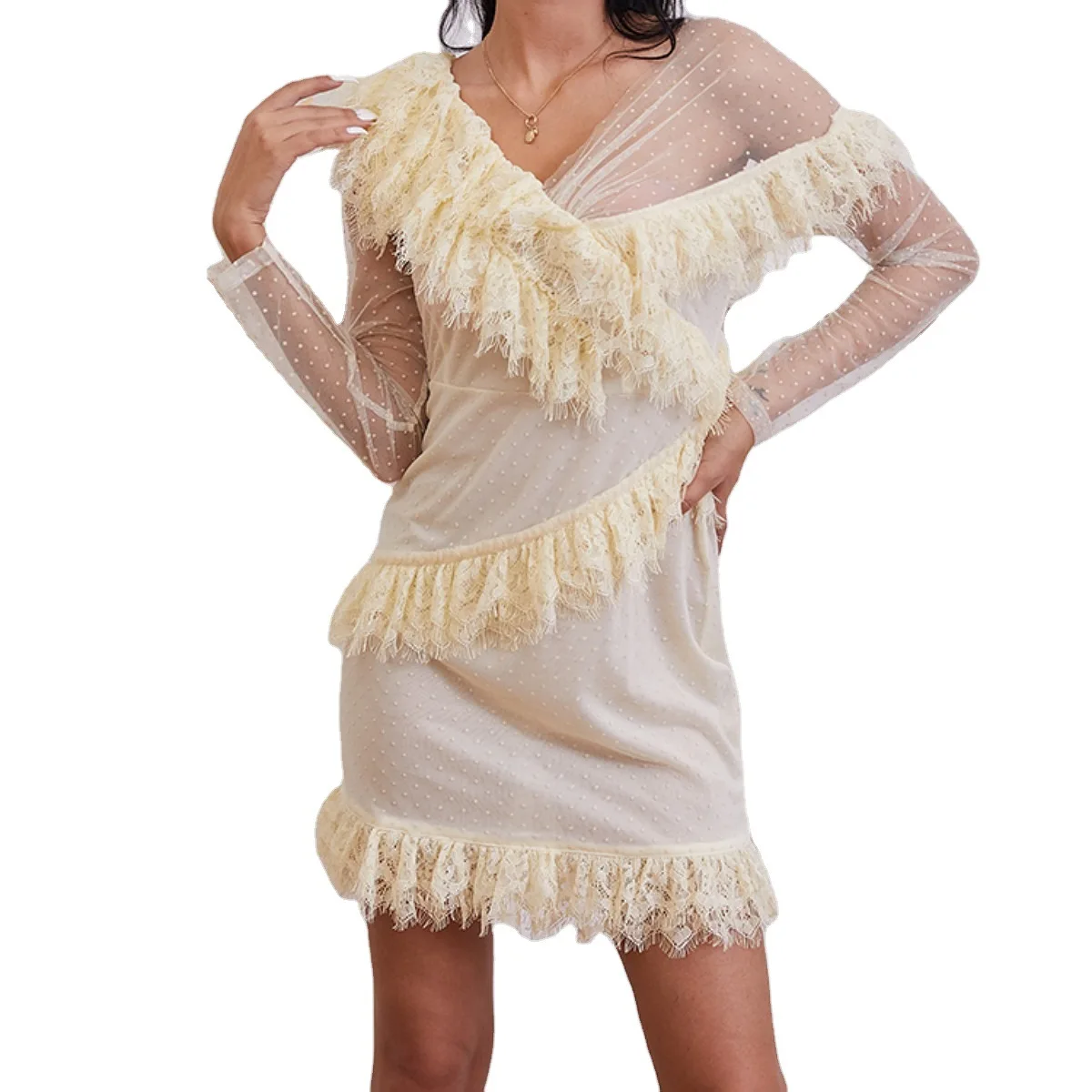 

2021 New Spring Summer Women Sweet Net Yarn Stitching Dress European American Sexy Lace Patchwork French Dress For Party Evening