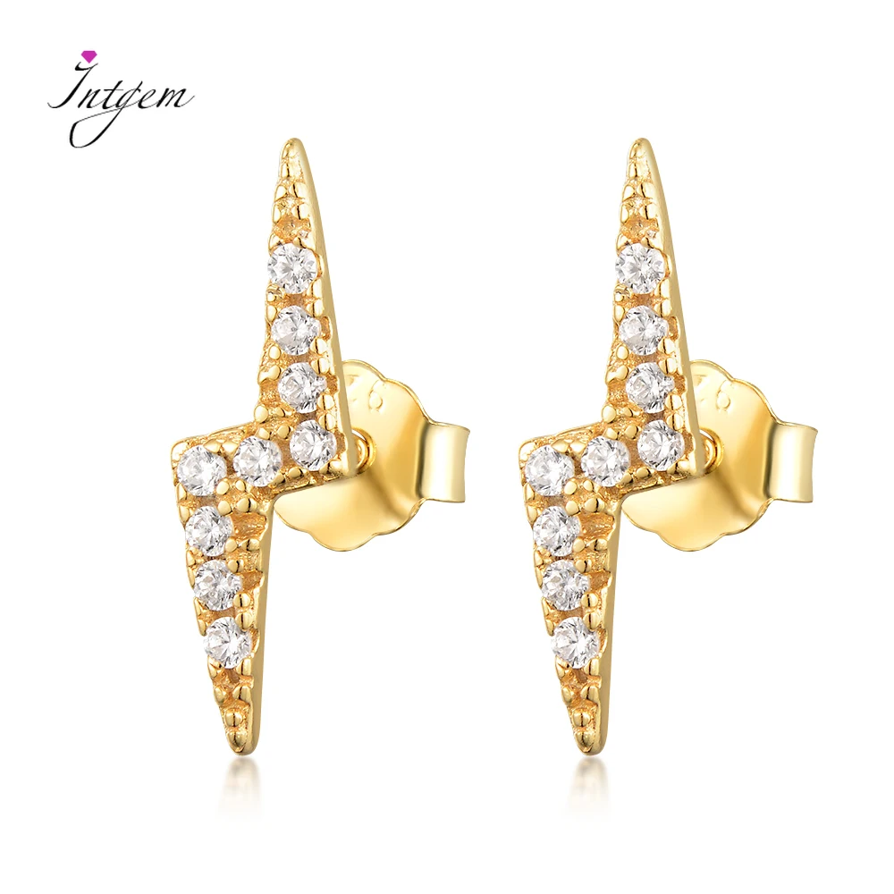 

S925 Sterling Silver Stud Earrings for Women Shiny Zircon Gold Plated Mini Fine Jewelry Lightning Shape Piercing Earrings Gifts