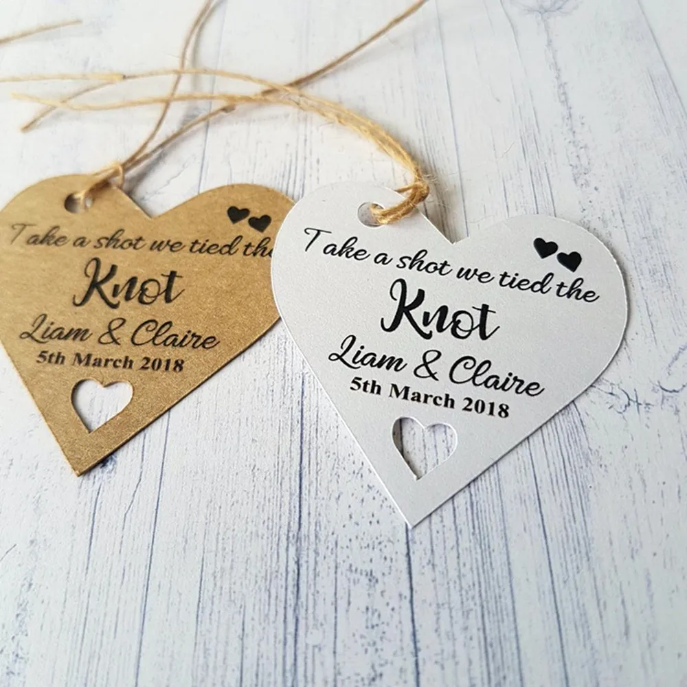 

customized Wedding Heart Shaped gift Tags Personalize bachelor Take A Shot We Tied The Knot Bridal Baby Shower favor Labels