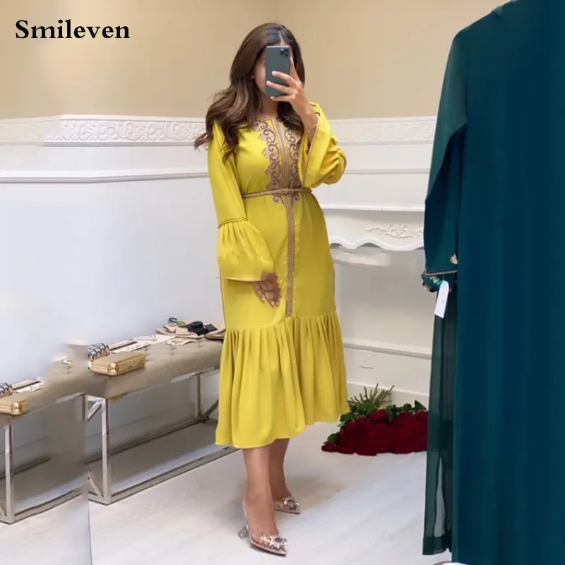 Smileven желтое марокканское кафтан формальный вечернее платье с золотыми кружевами