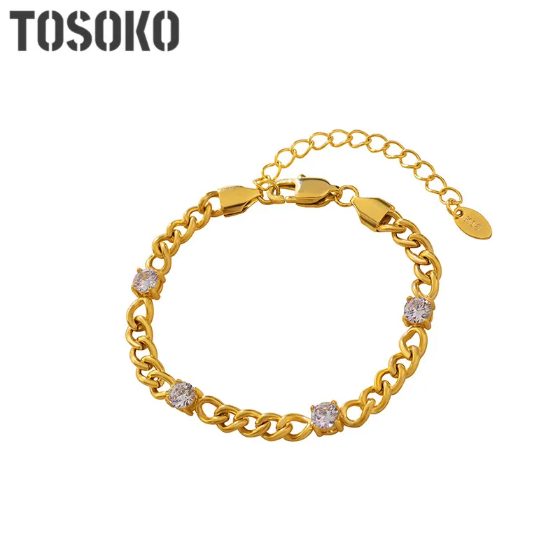 

TOSOKO Stainless Steel Jewelry Zircon Inlaid Simple Chain Bracelet Women's Fashion 18K Gold Plated Bracelet BSE061
