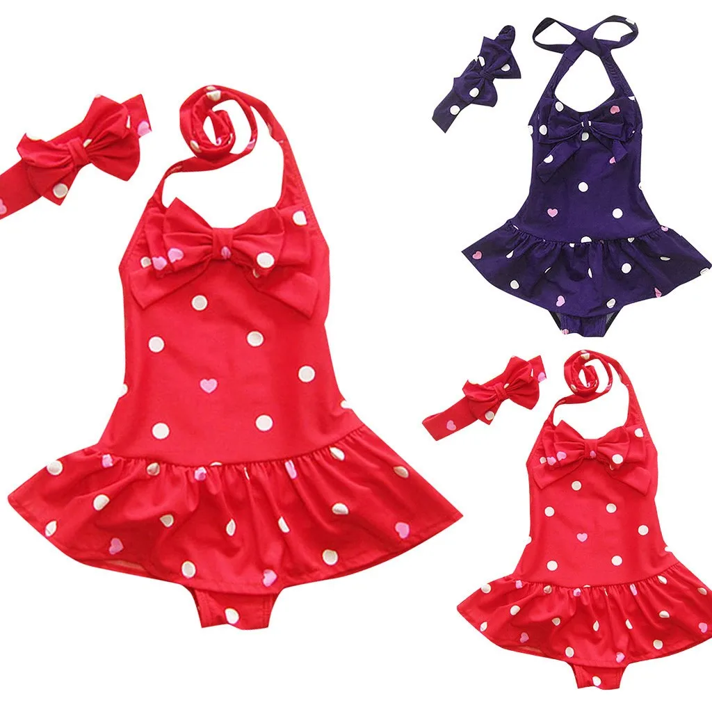 

2020 New Fashion Newborn Toddler Baby Girls Sleeveless Circle Dot Bowknot Headband Beach Swimwear girl's print high waist set