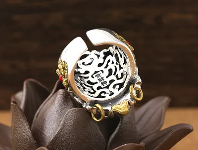 

925 Sterling Silver Punk Hiphop Buddha God of wealth Black Adjustable Ring Jewelry