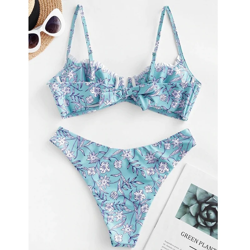 Floral Print Swimwear Vintage Retro Swimsuit Sexy Underwire Bikini Push Up Summer High Cut Backless V Neck Biqiuni Lady | Женская одежда