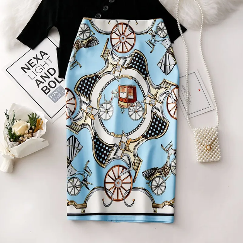 

2020 summer bag hip skirt large size print skirt high waist commuter knee skirt Casual A-Line Empire Commuter office skirt