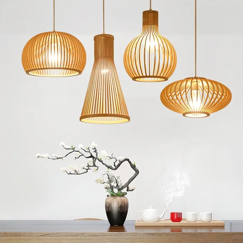 

Modern Bamboo Pendant Light Wood Cage Hanging Pendant Lamp Dining Room Restaurant Cafe Birdcage Solid Wood Pendant Light Fixture