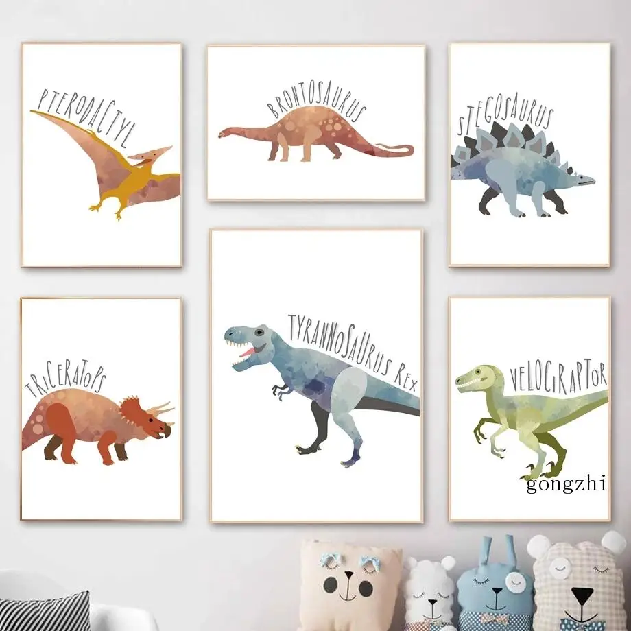 

Watercolor Dinosaur Nordic Posters Abstract Ancient Animal Canvas Painting and Prints Nursery Wall Art Pictures Kids Room Decor