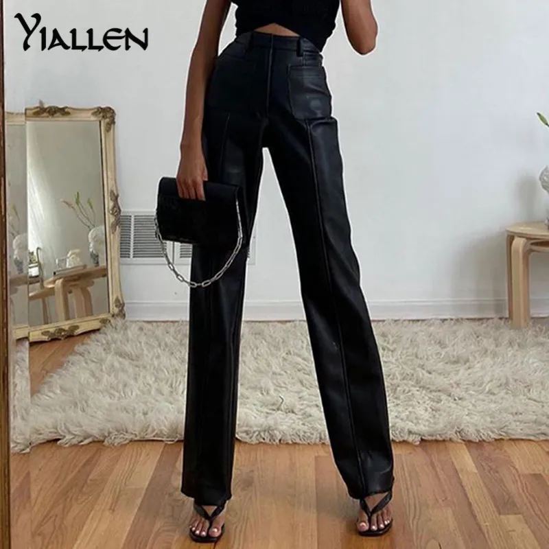 

Брюки женские Yiallen из искусственной кожи, с высокой талией, прямые, черные, коричневые, байкерские, облегающие, для бега, 2021
