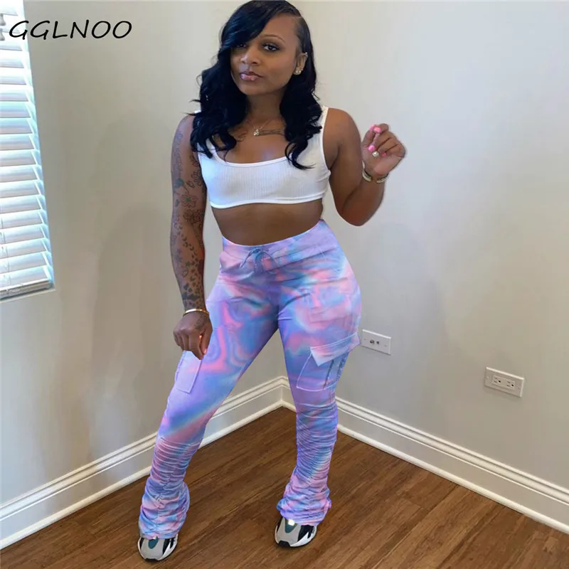 

GGLNOO Streetwear Stacked Tie Dye Flare Pants High Waist Bell-bottoms Ruched Side Pocket Trouser Draped Jogger Sweatpants GG2313