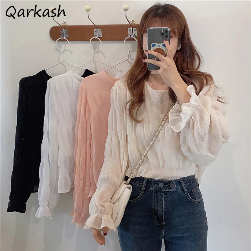 

Blouses Women O-neck Pure Simple Spring Tops Clothes Tender Basic Mujer Classic Stylish Design French Style Ulzzang New Arrival
