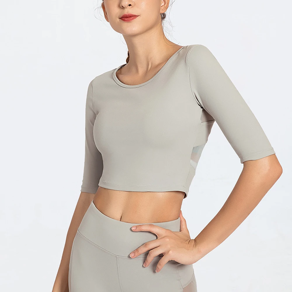 

Gym Yoga Shirts Women Fitness Mesh Patchwork Solid Color Yoga Half sleeve Breathable Workout Joggings Athletic Sportswear