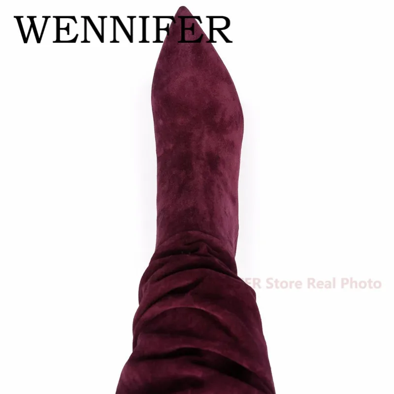 

2021 Autumn Slouched Leather Women Kitten Heels Boots Pointy Suede Pleated Slip-On Ankle Boots Runway Casual Booties Botas Mujer