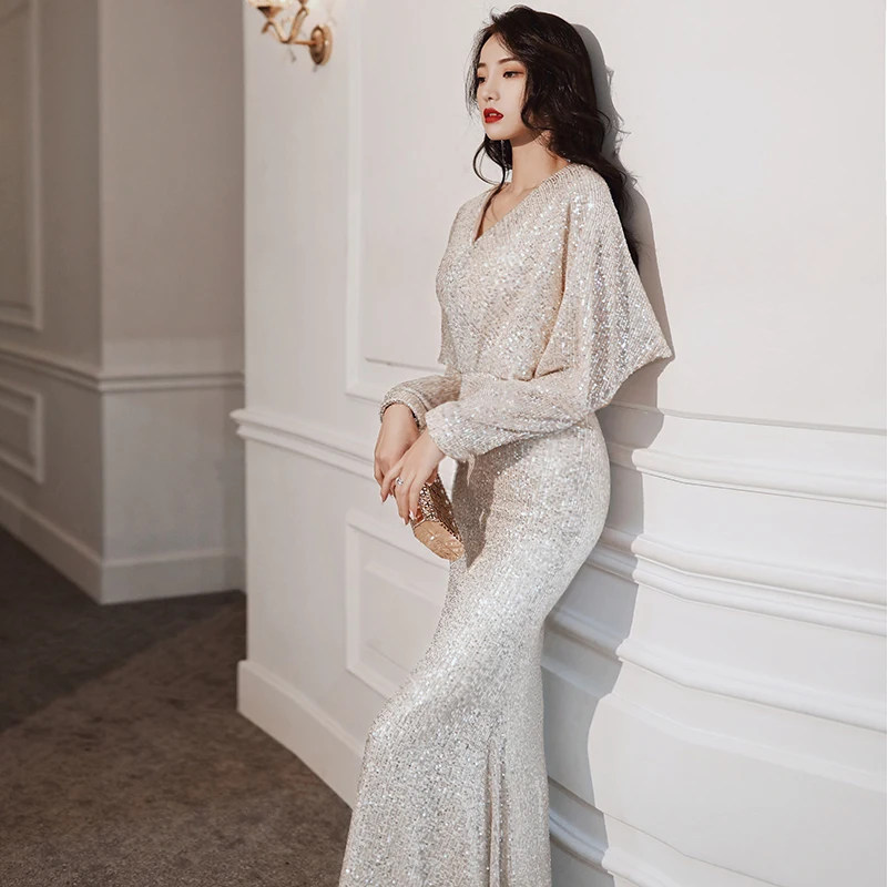 

JCHB 2021 Sexy high-end evening dress female new luxurious temperament high-quality texture champagne sequin host dress