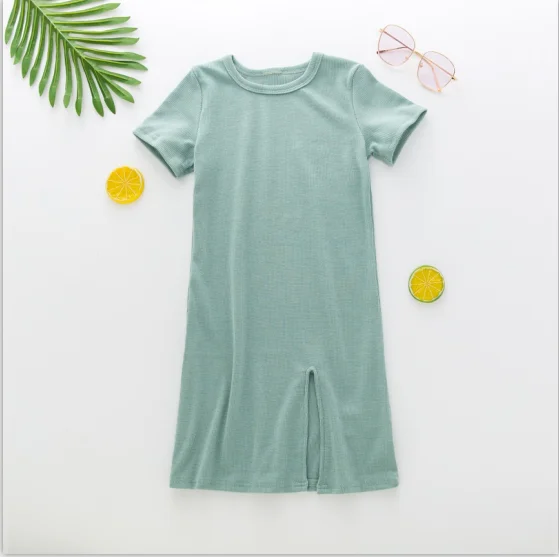 

2020 New Arrival Baby Girls Solid Color Short Sleeve Long Girls Dress Children Causal Sweet Dresses Kids Clothes