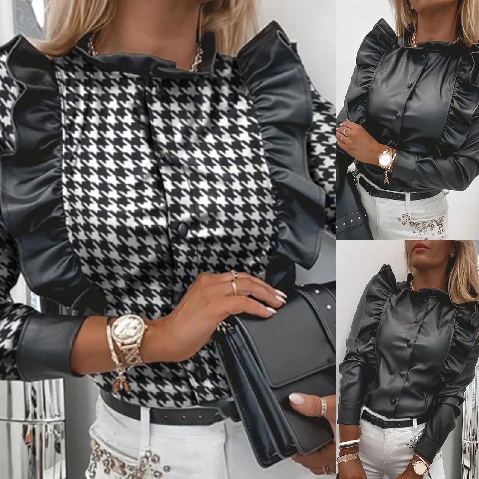 

Elegant Women's Black Shirt Blouse PU Leather Knitting Top Ladies Slim O-Neck Button Ruffle Shirts Casual Long Sleeve Top Blusas