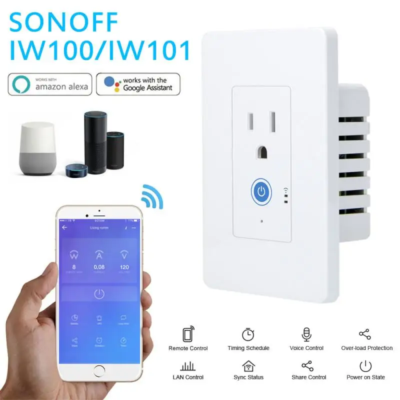 SONOFF IW100 US Wi-Fi настенная розетка с вилкой 15A 1800 Вт умный настенный переключатель для мониторинга мощности приложение Голосовая LAN пульт дистанционного управления работает с Alexa