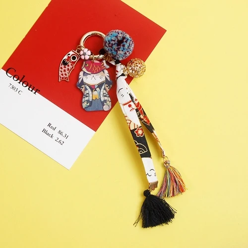 X700 1pcJapanese originalhandmade с вышитыми цветами Кот приносящий удачу Манеки Неко сумка для ключей подвеска с помпоном llaveros - Цвет: X700