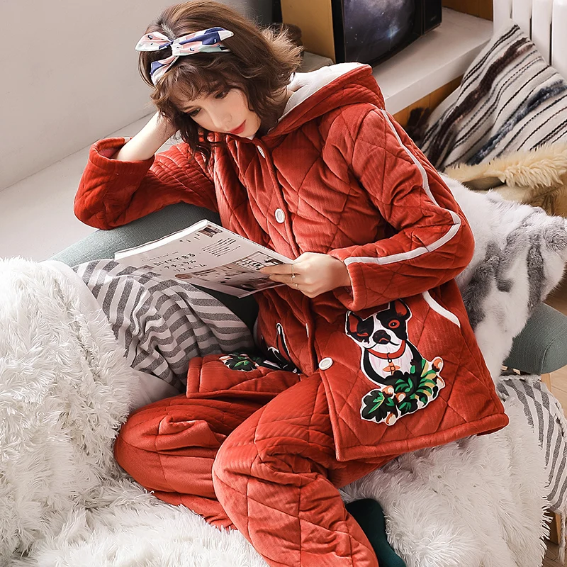 

Fashion Style Warm Winter 3 Layers Padded Flannel + Cotton Turn Down Collar Thick Warm Winter Long Sleeve Long Pants Sleepwear