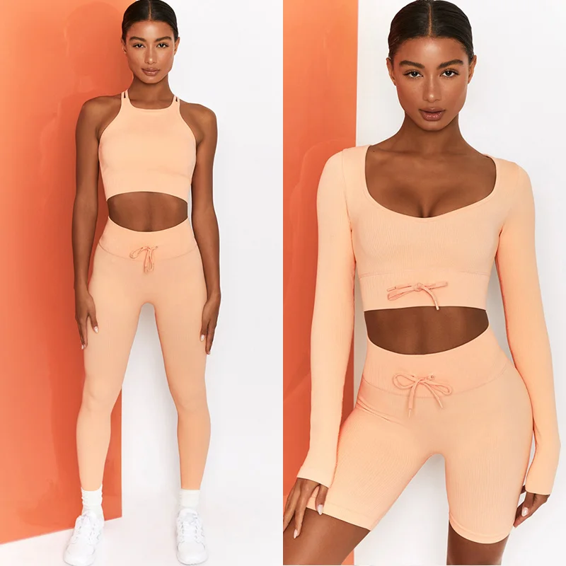 

Бесшовные комплекты для спортзала, спортивный костюм для женщин, спортивный костюм для йоги, плотный эластичный Топ с длинным рукавом, спор...