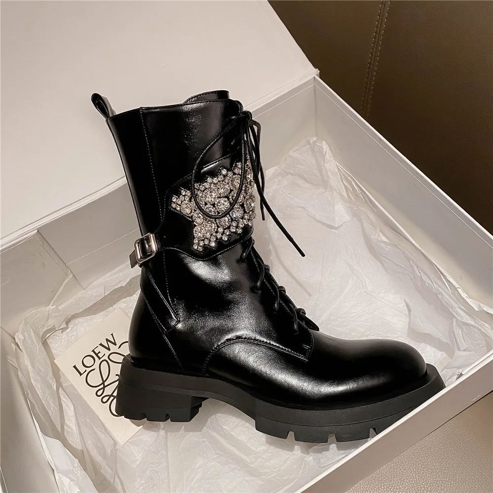 spesifikasi Aucegi Sepatu Bot Pergelangan Kaki Gaya Inggris Kulit Sapi Hitam Wanita Kristal Mewah Ritsleting Tali Silang Sepatu Pesta Ujung Bulat