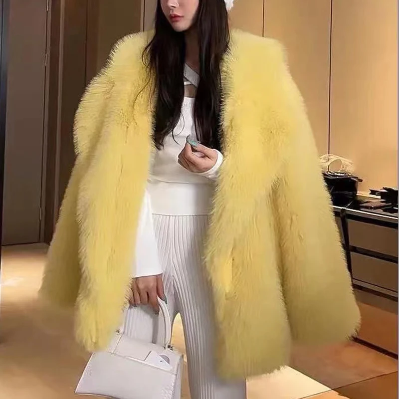 New Winter Women Faux Fox Fur Coat Female Turn Down Collar Thick Warm Long Sleeve Jacket Yellow Elegant Girl Oversized Outerwear