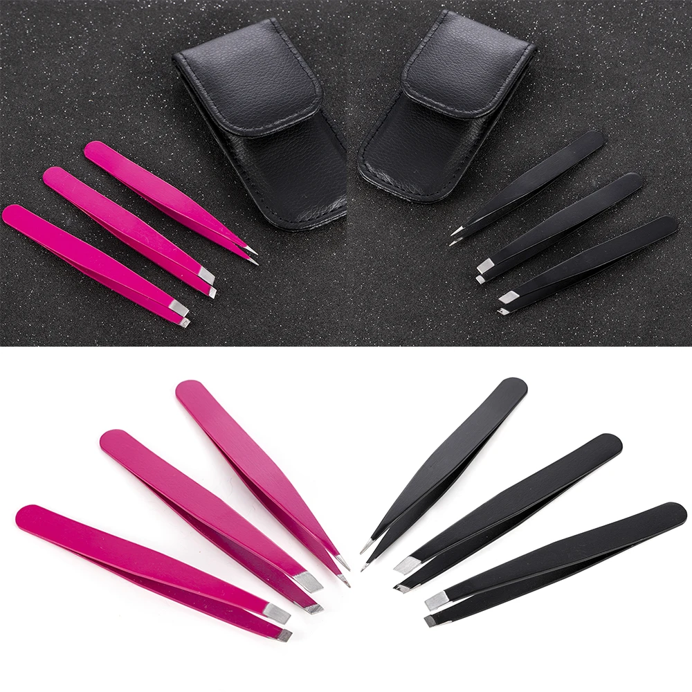 

Stainless Steel Makeup Tools Accessory with Black Bag Case Eyebrow Tweezers Point Tip/Slant Tip/Flat Tip Hair Remova 3 PCS/Set