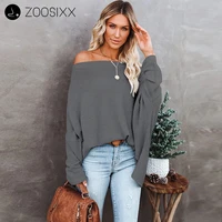 women t shirts long batwing sleeve loose tee casual autumn waffle solid color long sleeve one shoulder knit pullover top
