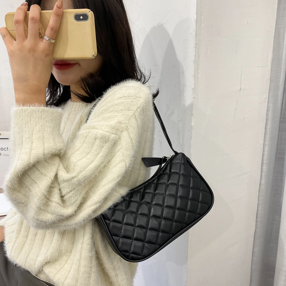 

Fashion Lattice Pattern Handbag PU Leather Casual Totes Bags Women Solid Color Portable Shoulder Underarm Purses