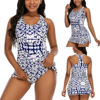 2021 new two piece swimsuit women geometric print push up tankini summer bikinis mujer set bathing suit swimwear with skirt xxxl