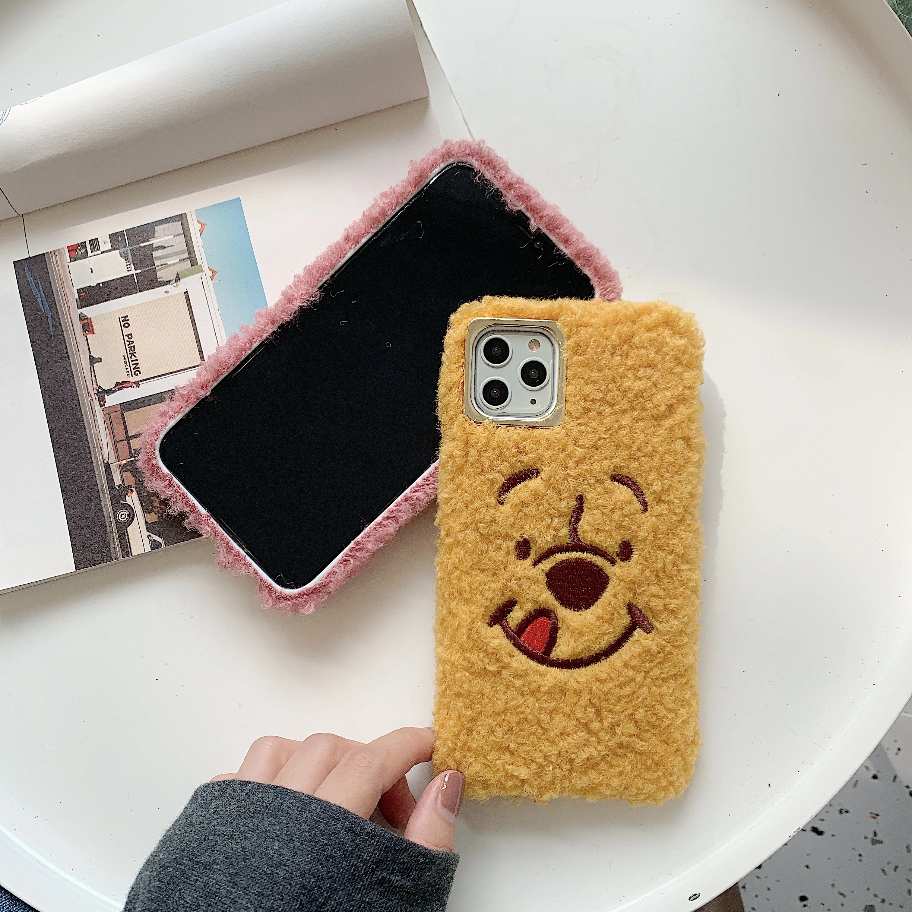 Милый 3D мультфильм вышивка медведь плюшевый мех теплый чехол для телефона 7 8 Plus X