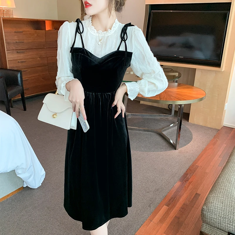 

Women Dress Autumn New Office Lady Korea Style Long Sleeve Patchwork Solid Spaghetti Strap O-Neck High Waist Dresses Traf