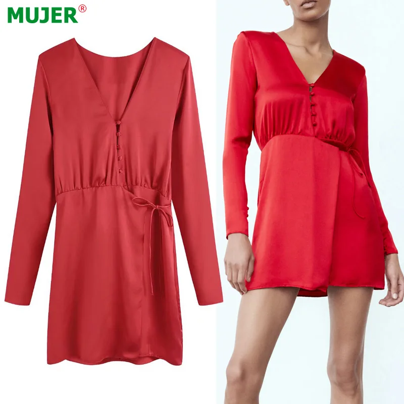 

Za Red Wrap Dress Woman Satin Short Female Dress Long Sleeve Elegant Party Dresses Ladies Fall 2021 Vintage Pleated Women Dress