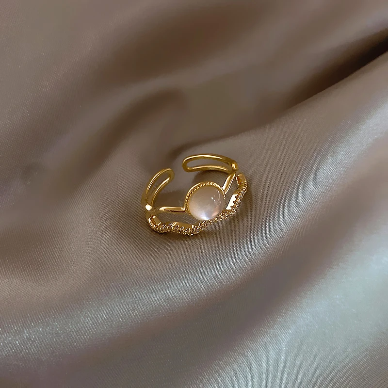 

2021 Luxurious French Romantic Double Wave Opal Gold Opening Rings For Woman Neo Gothic Jewelry Korean Girls Unusual Ring Set