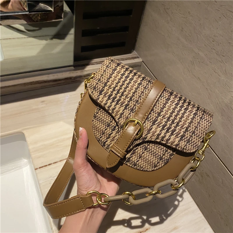 

Luxury Brand High Quality Leather High Sense Ladies Saddle Bag Fashion Lattice Chain Shoulder Strap One-shoulder Armpit Bag Sac