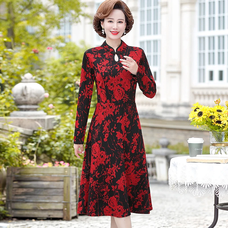 

Женское платье-туника с красными и золотыми цветами, в китайском стиле ретро, с воротником-стойкой, 2021